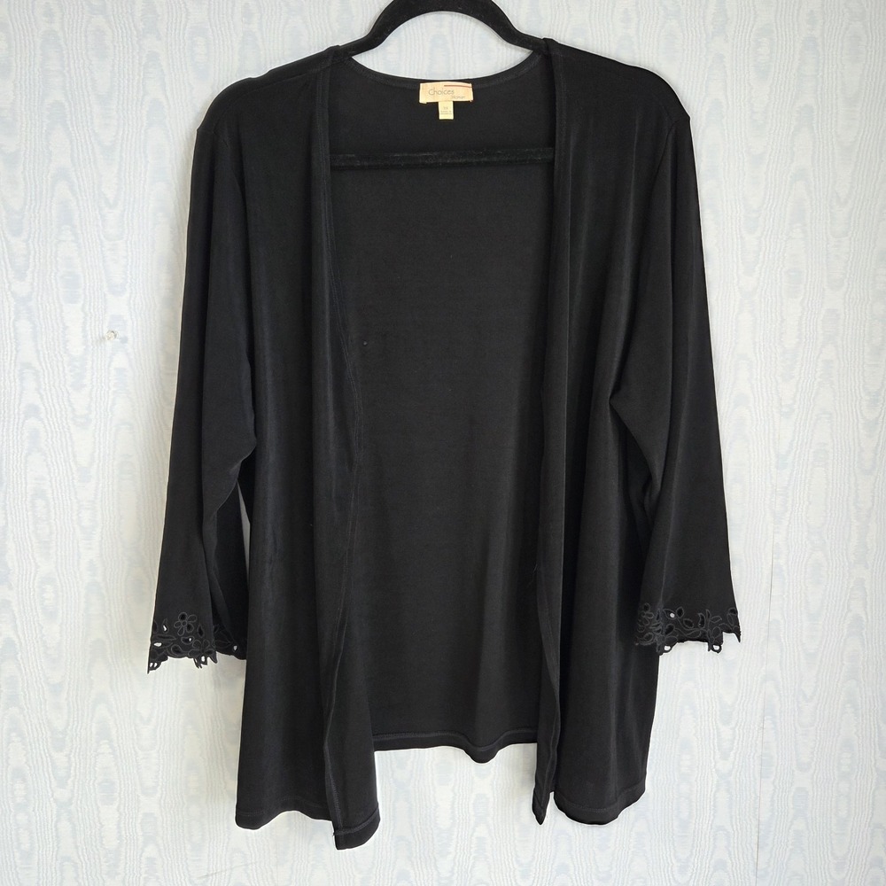 Vtg Choices Cardigan‎ Womens 3X Liquid Knit Open Front Eyelet Embroidered Cuffs